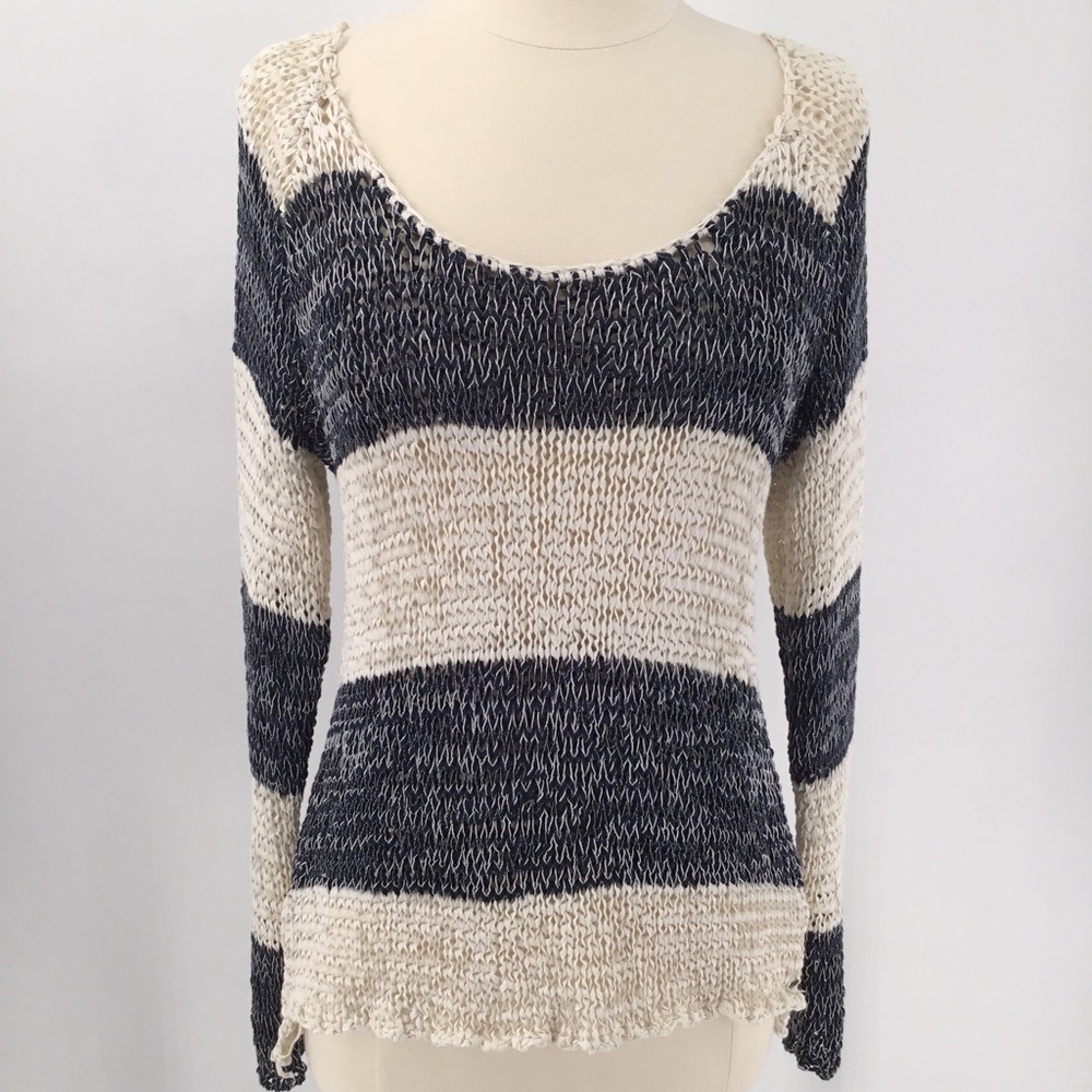 O’NEILL Striped Sweater Scoop Neck Chunky Ribbon Open Knit